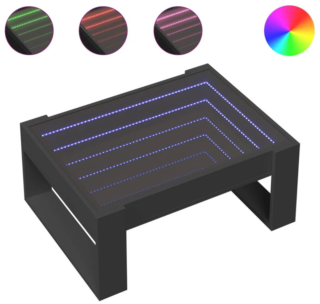 Fekete végtelen hatású LED-es dohányzóasztal 70 x 53 x 30 cm