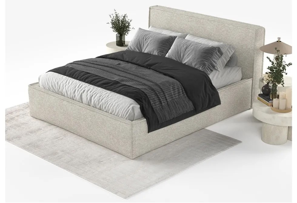 Bézs kárpitozott ágyneműtartós franciaágy ágyráccsal 200x200 cm Lounge L – Maison de Rêve