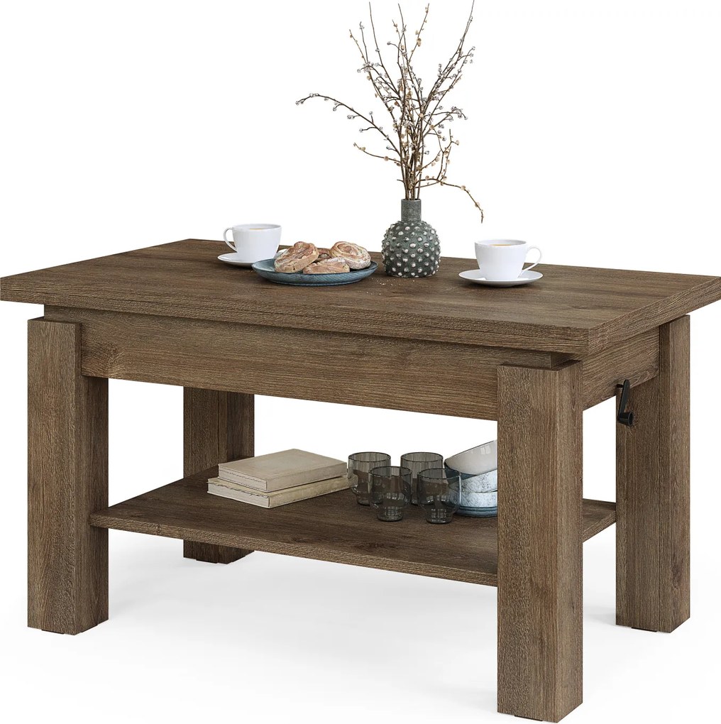 Mazzoni BRAWO Barna Tölgy - NYITHATÓ/MAGASÍTHATÓ DOHÁNYZÓASZTAL POLCCAL ÉTKEZŐASZTALKÉNT IS HASZNÁLHATÓ