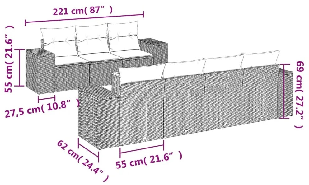 8 részes szürke polyrattan kerti ülőgarnitúra párnákkal