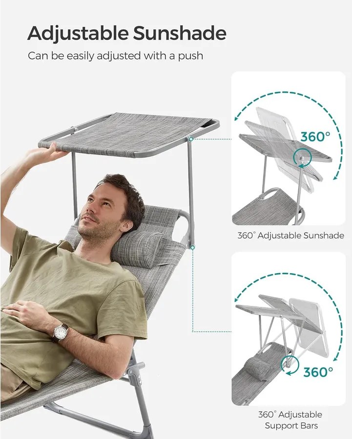 Összecsukható napozóágy napellenzővel 53 x 193 x 29,5 cm, 150 kg-ig terhelhető