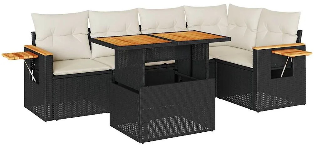 6 részes fekete polyrattan akácfa kerti ülőgarnitúra párnákkal