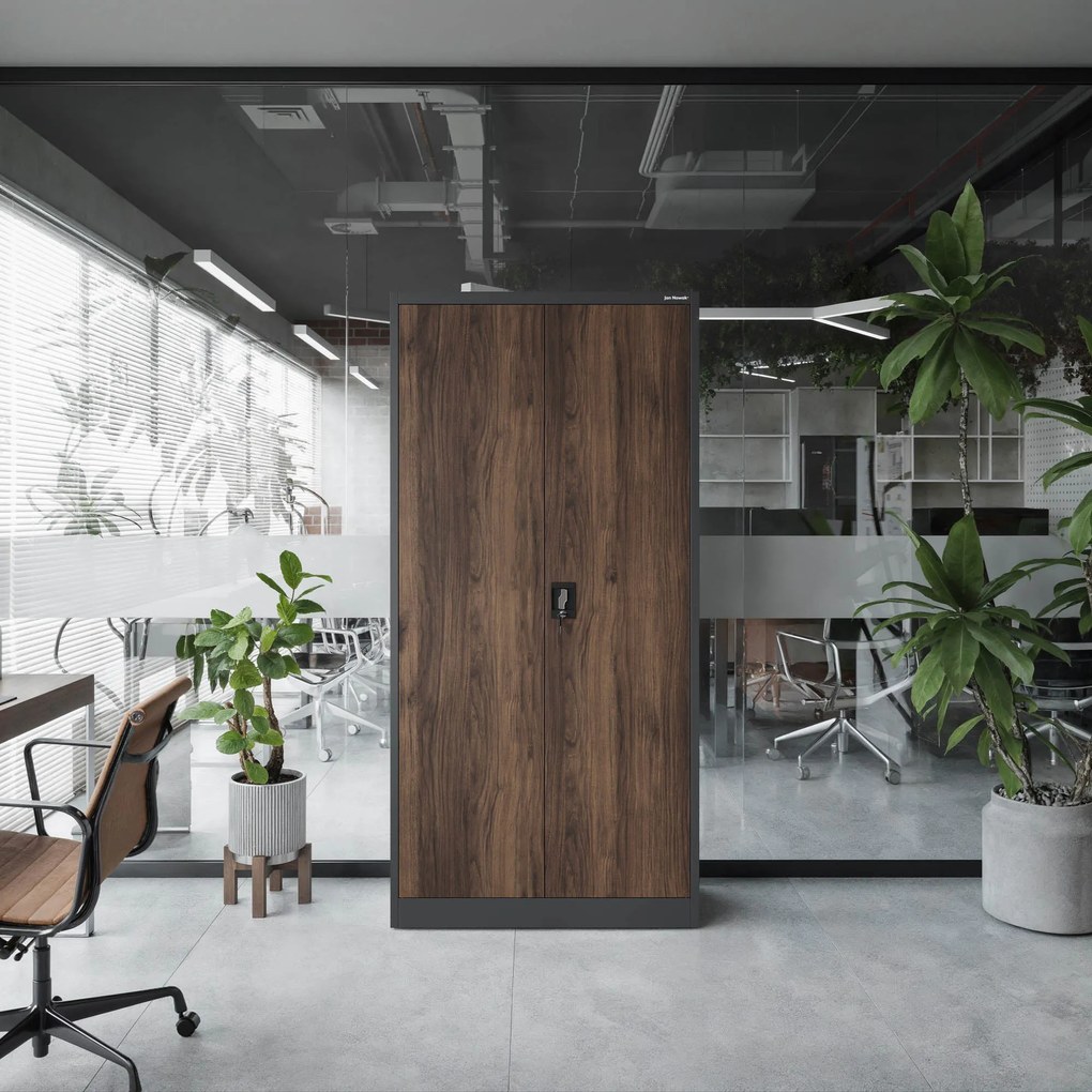 Fém iratszekrény JAN, 900 x 1850 x 400 mm, Eco Design: antracit/ dió