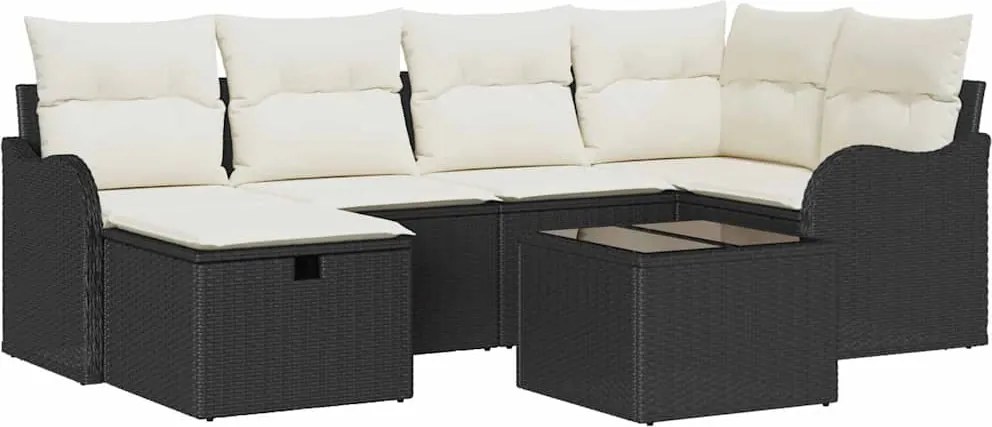 vidaXL Kerti Kanapé Szett 7 pcs Fekete és krémszínű Poli rattan