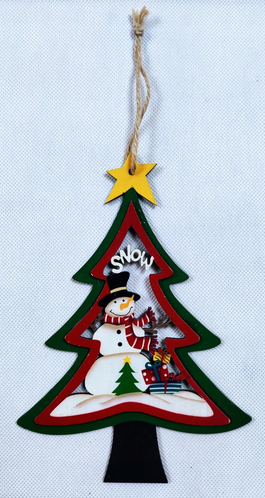 Fából készült karácsonyfa medál hóember díszítéssel