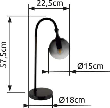 Globo 15885T Asztali lámpa fém fekete matt, füstszínű üveg búra, fekete PVC kábel, billenőkapcsoló a kábelen, HxSzxM: 225x180x575mm, kábel hossza 1800mm, 1x E27 ILLU 10W 230V izzó nélkül