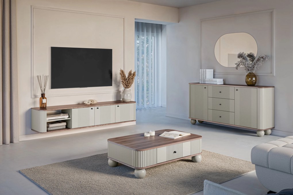 Vesper fali TV szekrény 187 cm háromajtós - kasmír / dió / fekete fogantyú