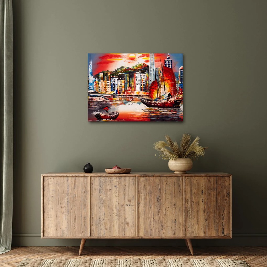 Kép - Victoria Harbour, Hong Kong, olajfestmény (70x50 cm)