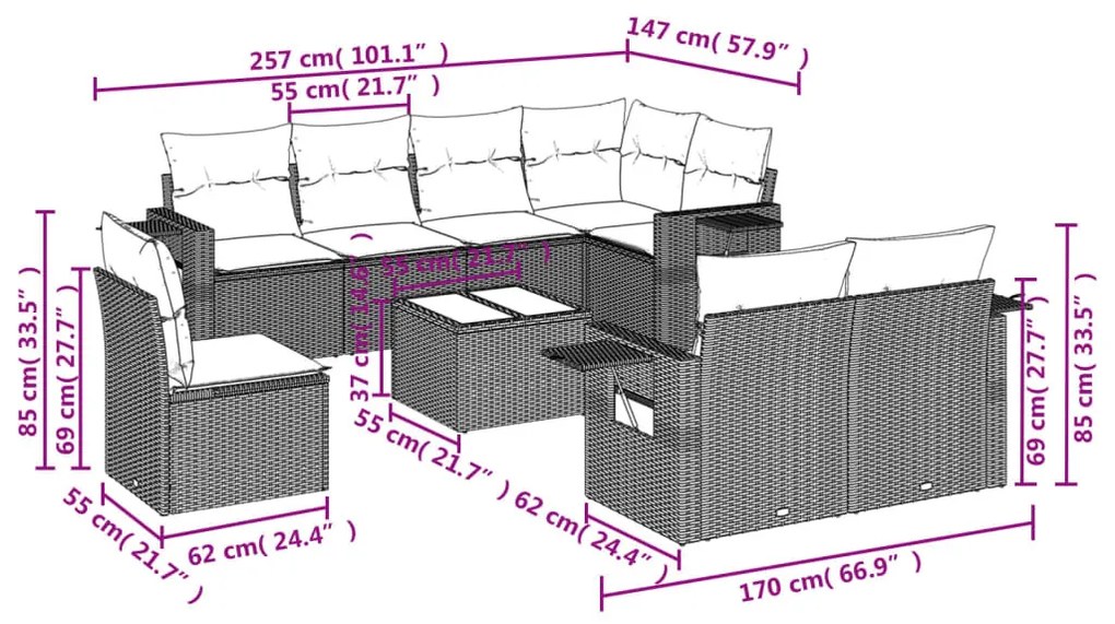 9 részes bézs polyrattan kerti ülőgarnitúra párnákkal