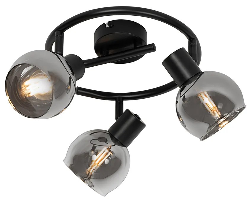 Art Deco mennyezeti lámpa fekete füstüveggel 3-lámpás kerek - Vidro