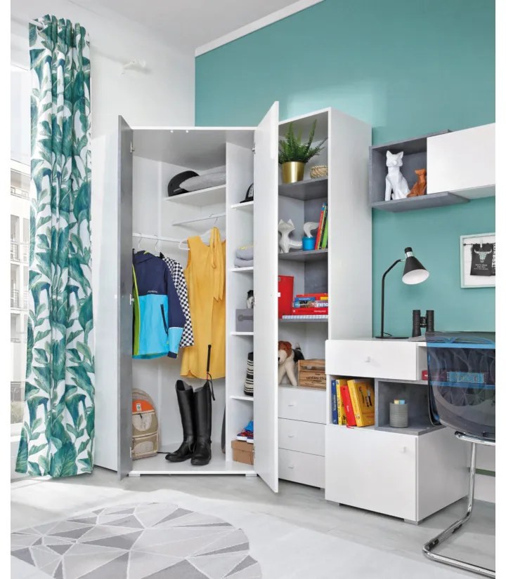 SIGMAR 4 gyerekszoba, beton/fehér/tölgy