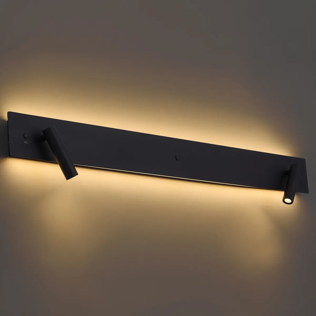 Modern fekete 2-lámpás fali lámpa LED-del, háttérvilágítással és USB-C-vel - Longly