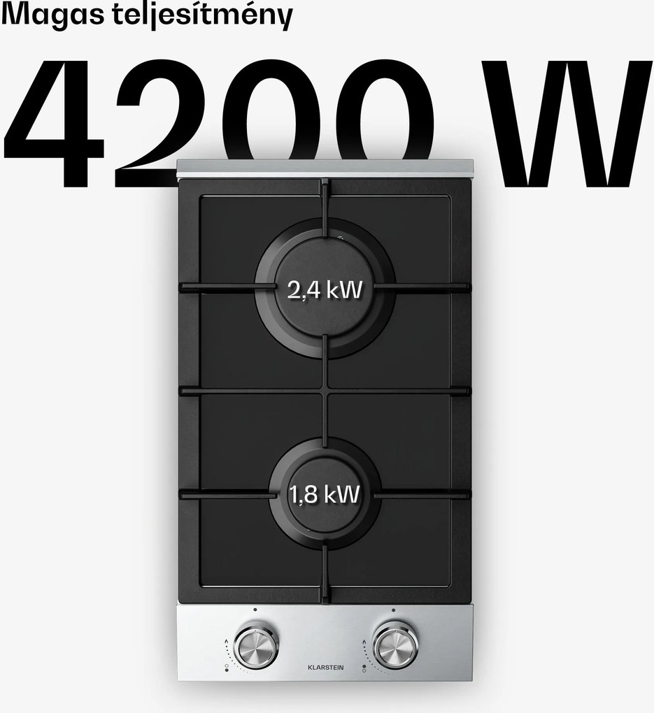 Klarstein Verosteel gázfőzőlap, 2 zónás, elektromos gyújtás, földgázzal és LPG-vel kompatibilis, 4200 W, 30cm