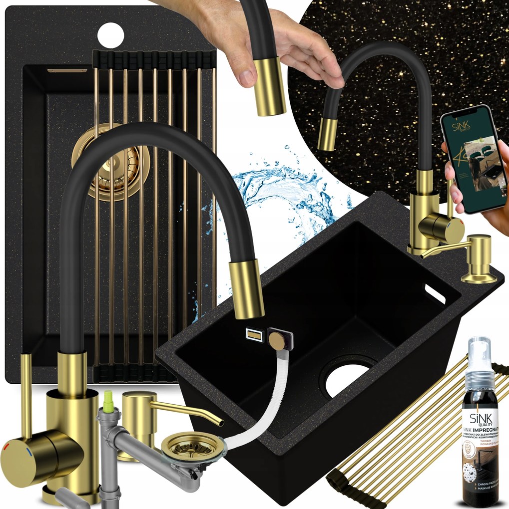 Egykamrás Gránit Mosogató Arany, flexibilis csaptelep Kicsi Keskeny