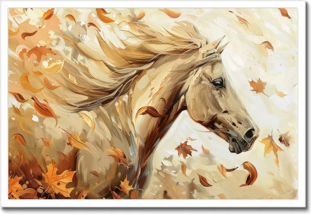 Poszter fehér keretben 60x40 Ló az őszi levelek között
