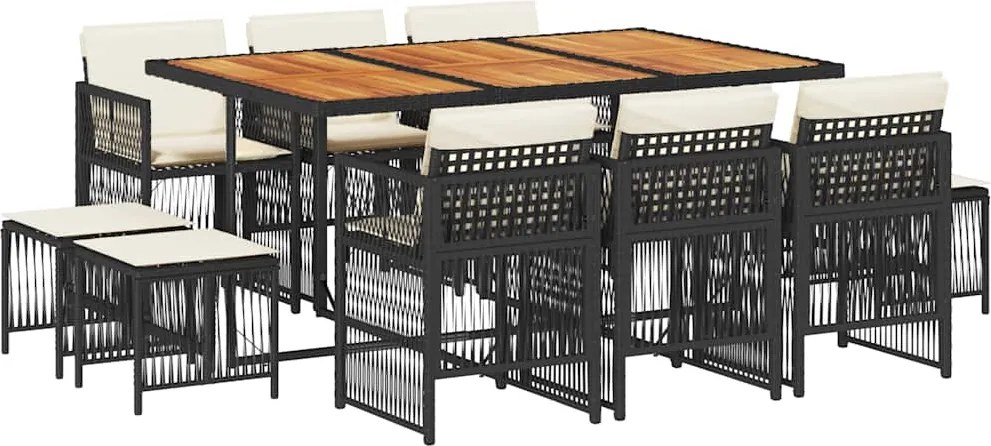 vidaXL 11 részes fekete polyrattan kerti étkezőgarnitúra párnákkal