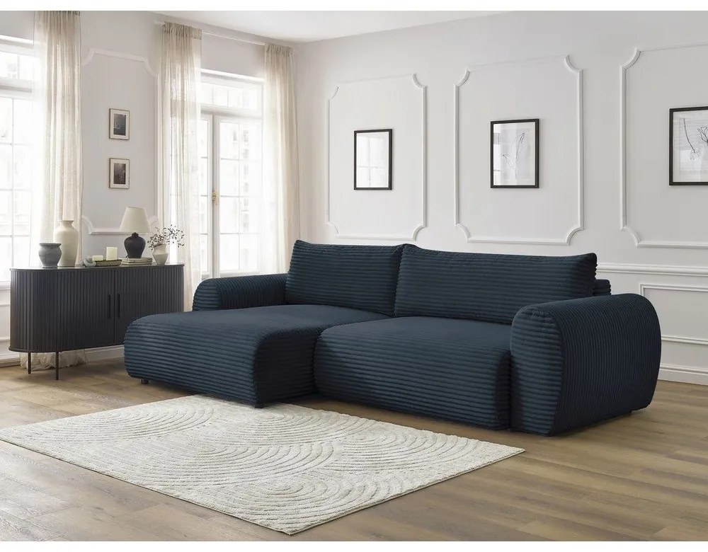 Sötétkék kordbársony kinyitható sarokkanapé (bal oldali) Lucien – Bobochic Paris