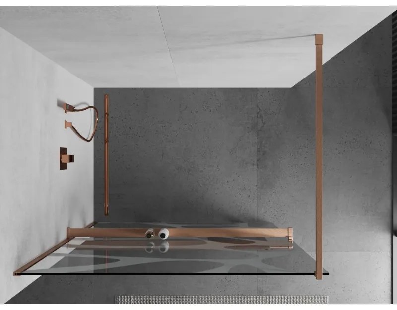 Mexen Kioto+, Walk-In zuhany paraván polccal és akasztóval 140 x 200 cm, 8 mm átlátszó üveg fehér mintás, réz matt profil, 800-140-121-65-97