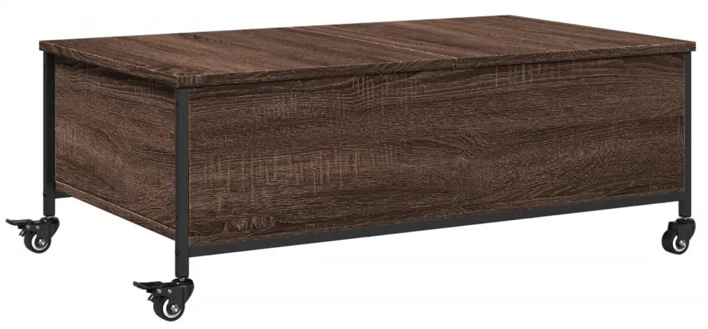 Barna tölgy szerelt fa dohányzóasztal kerekekkel 91x55x34 cm