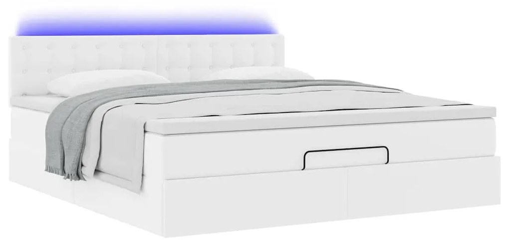 tiszta fehér műbőr ottomán ágy matracokkal &amp; LED-ek 160x200cm