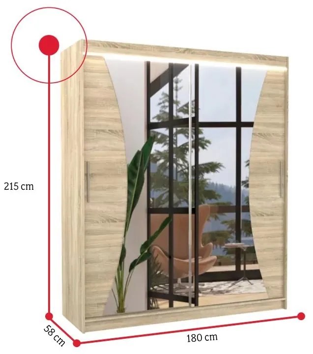 SWIFT tolóajtós ruhásszekrény tükörrel, 180x215x58, sonoma + LED