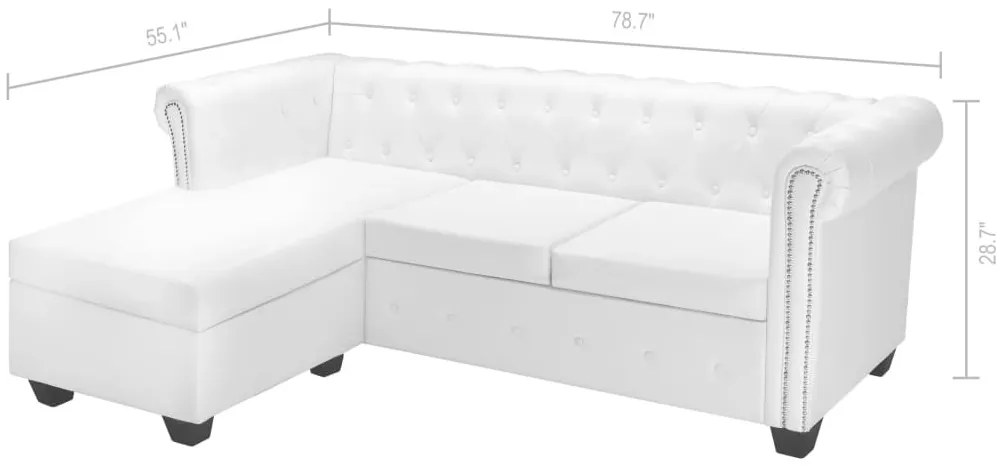 L-alakú fehér műbőr Chesterfield kanapé