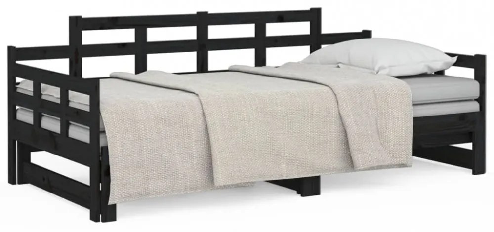 fekete tömör fenyőfa kihúzható kanapéágy 2 x (90 x 200) cm