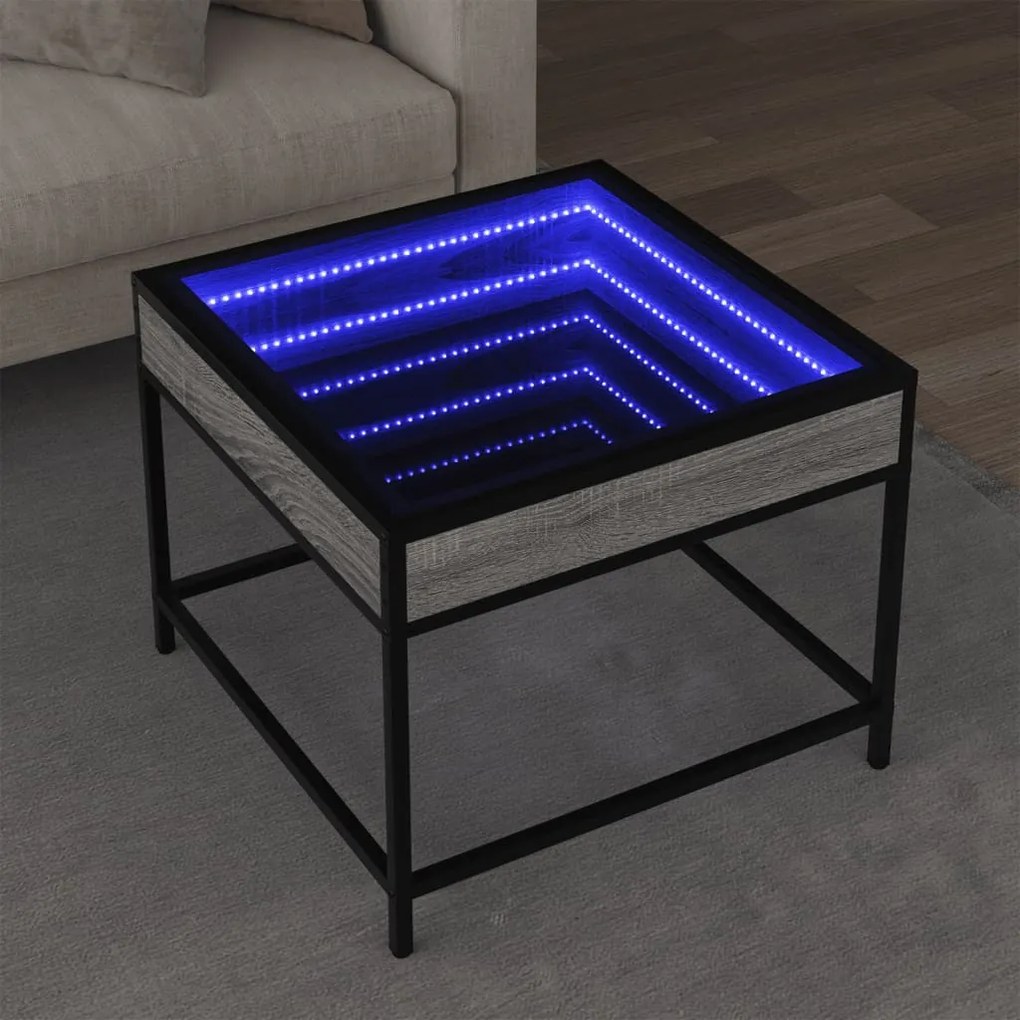 Szürke sonoma végtelen hatású LED-es dohányzóasztal 50x50x41 cm