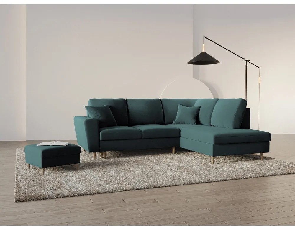 Petróleum színű bársony kinyitható tárolóhelyes sarokkanapé (jobb oldali-L alakú) Kyoto – Cosmopolitan Design