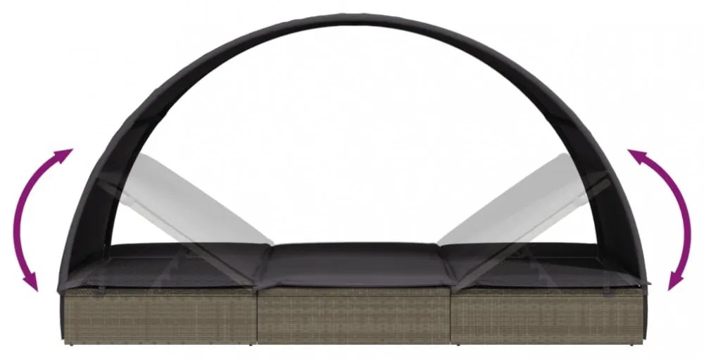 2 személyes szürke polyrattan napágy kerek tetővel 211x112x140