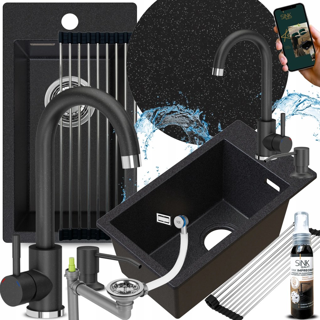 Egykamrás Gránit Mosogató Csaptelep Fekete Pöttyös Kicsi Keskeny