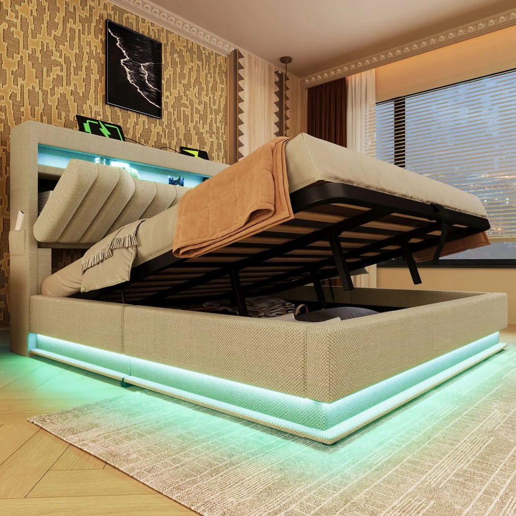 Kárpitozott ágy Hidraulikus Led Usb C 140x200cm Bézs+Matrac
