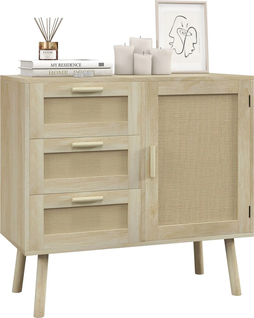 HOMCOM Sokoldalú Boho Stílusú Szekrény Ajtóval és 3 Fiókkal Fából és Rattanból, 80x36x75 cm, Tölgy | Aosom