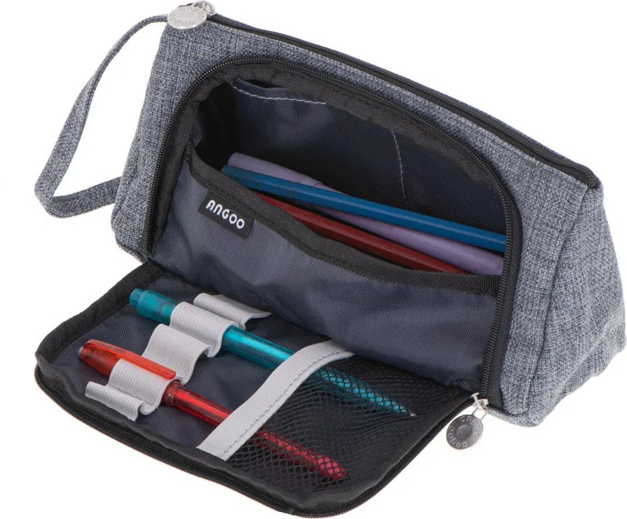 Iskolai tolltartó dupla tasakos hiúsági tok szürke