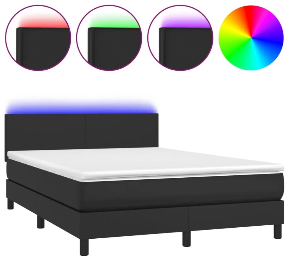 fekete műbőr rugós ágy matraccal és LED-del 140 x 190 cm