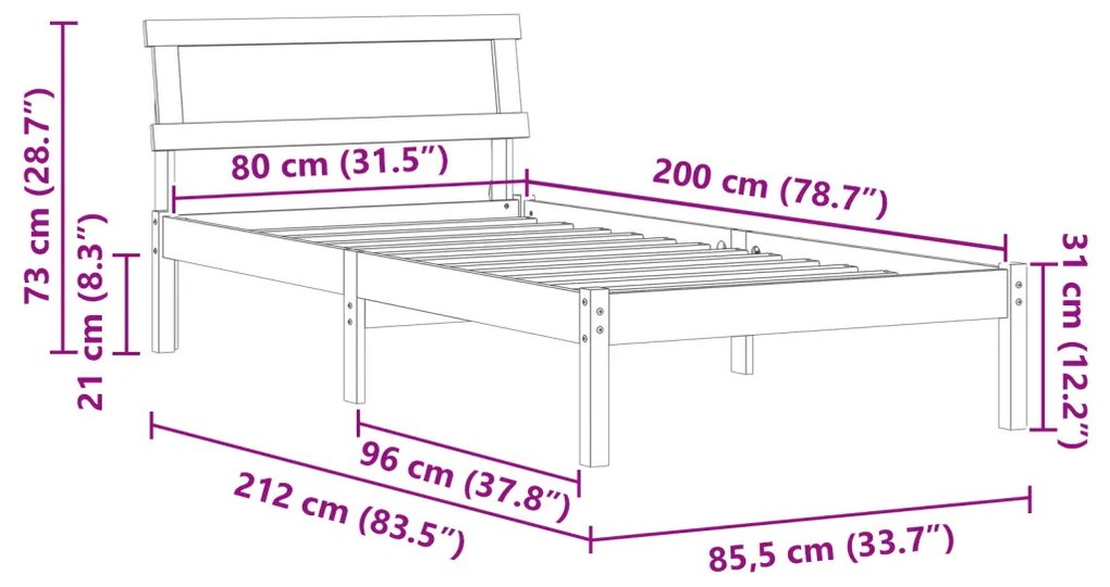 Ágykeret Fejtámlával és LED-del 80x200 cm Tömör Fenyő Fa