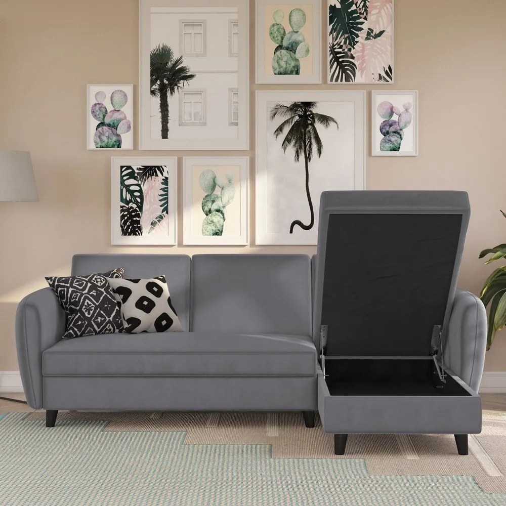 Szürke bársony kinyitható sarokkanapé Perry – Støraa