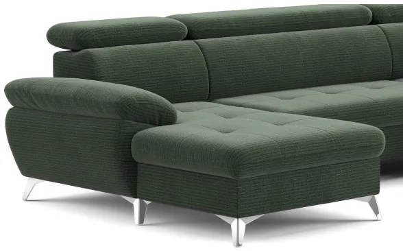 CATANIA jobbos zöld U-alakú sarokkanapé tárolóval, ággyá nyitható