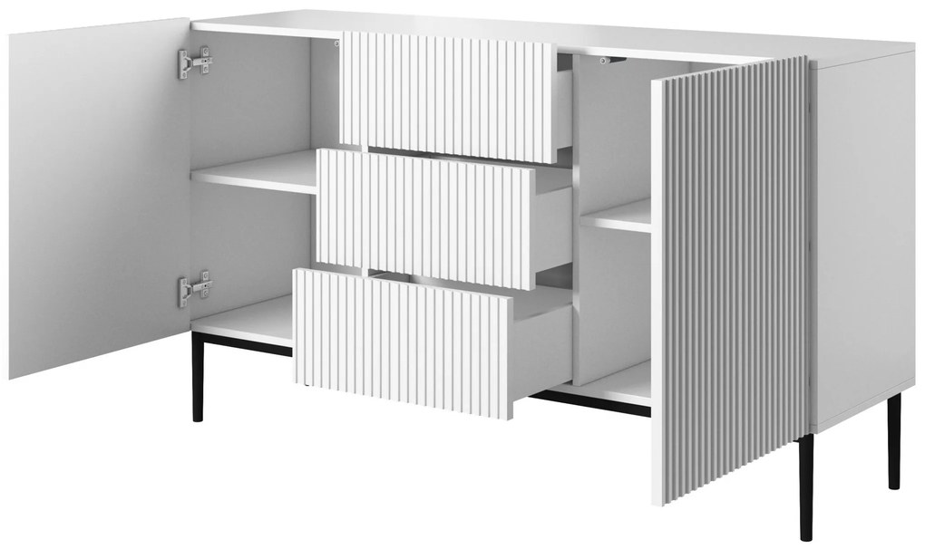 Nicole komód 150 cm fiókos, mart fehér, bordázott előlap - fekete lábak