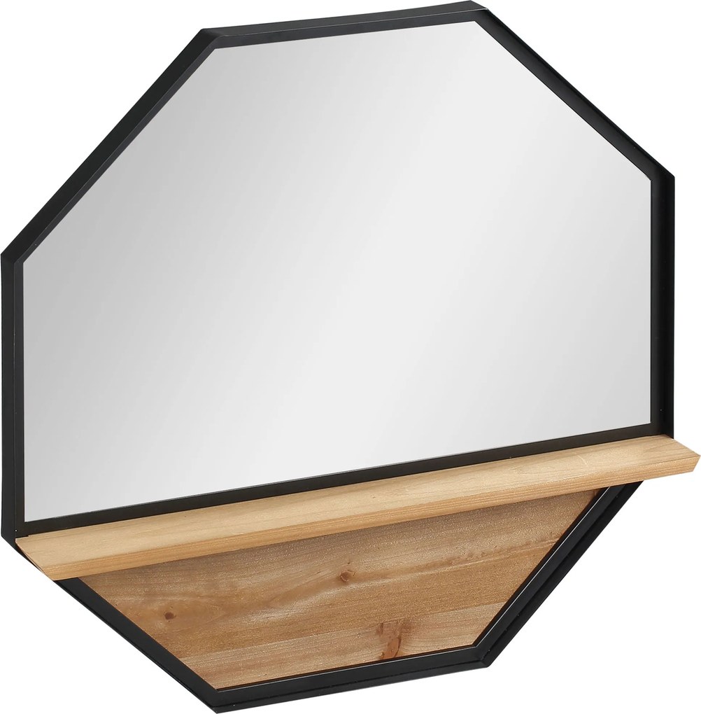 HOMCOM Dekoratív Fali Tükör 61x61 cm Hatágú Tükör Polccal a Nappaliba, Hálószobába, Előszobába Fekete | Aosom