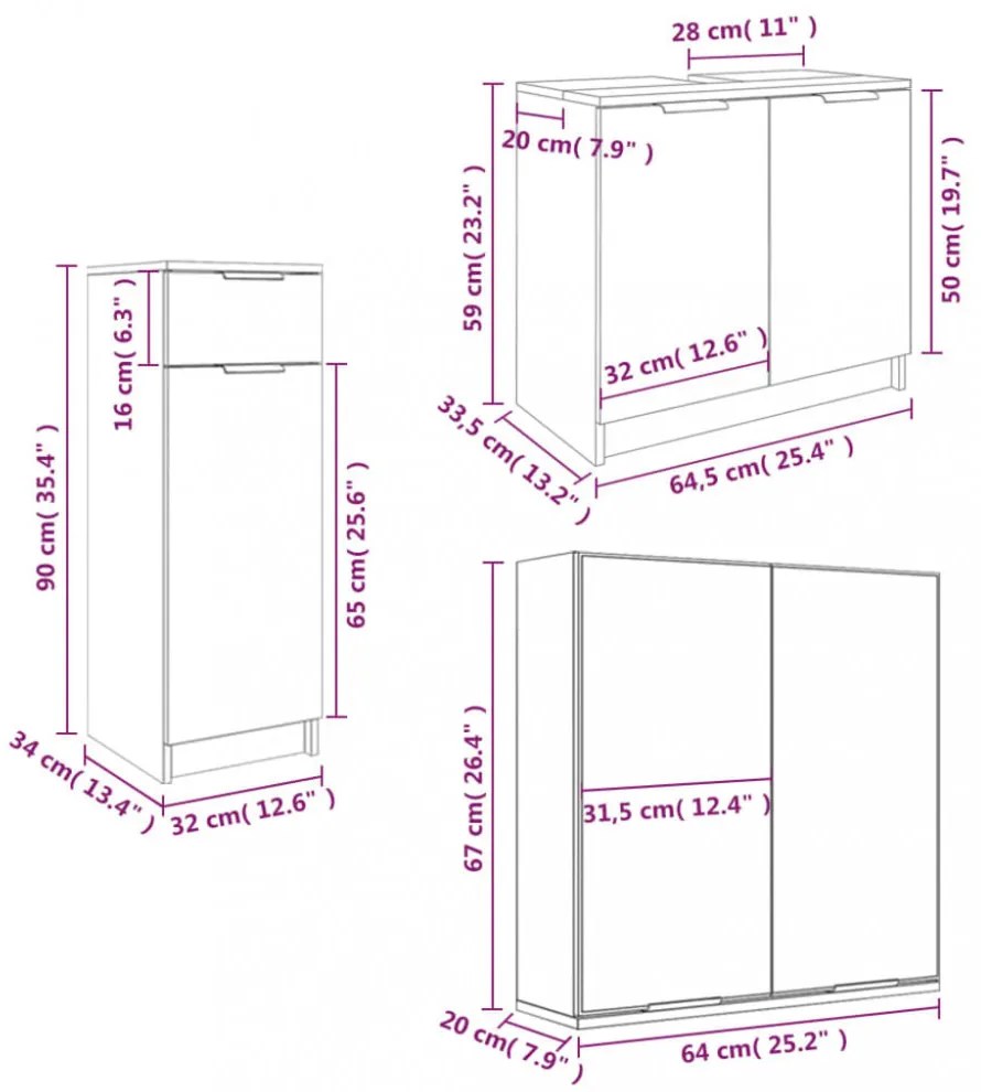 3 részes szürke sonoma szerelt fa fürdőszoba szekrényszett