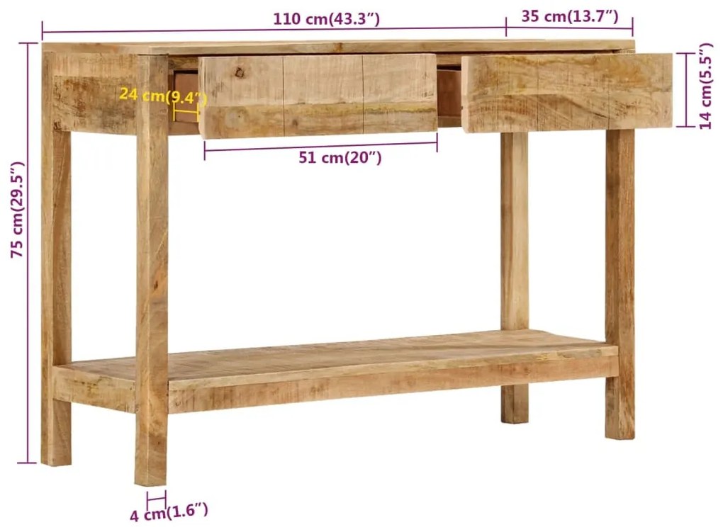 tömör mangófa tálalóasztal 2 fiókkal 110 x 35 x 75 cm