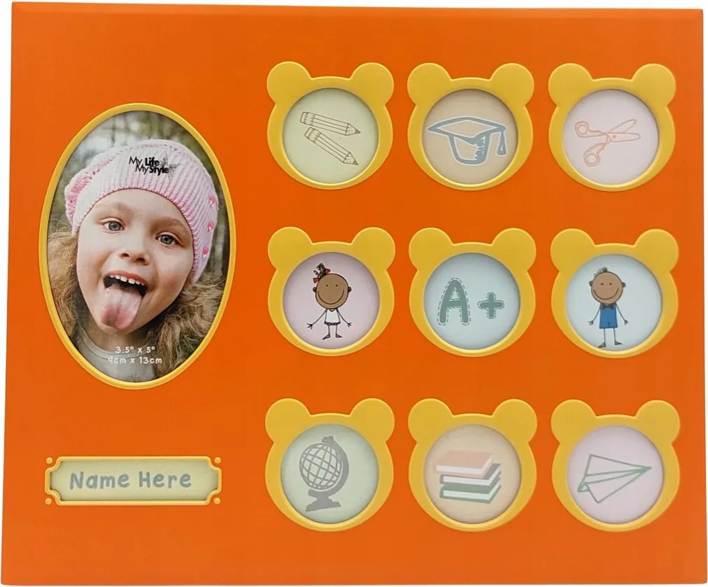 Gyerek multi képkeret 10 képhez, narancssárga, ajándék