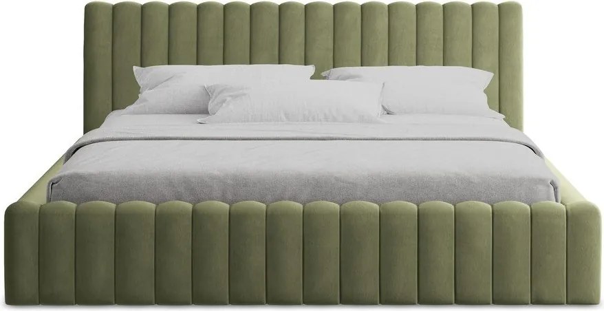 Zöld kárpitozott ágyneműtartós franciaágy ágyráccsal 160x200 cm Lemi – Makamii