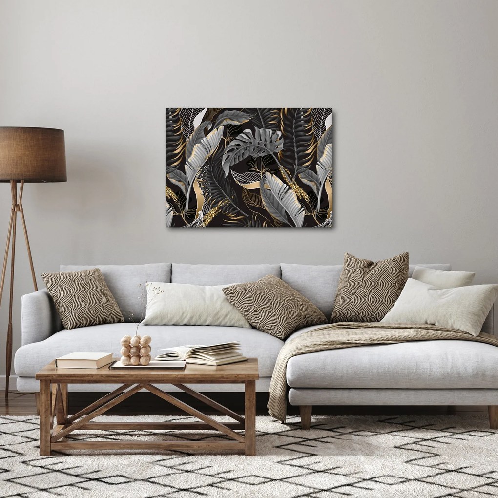 Kép - Trópusi levelek fekete és arany színben (70x50 cm)