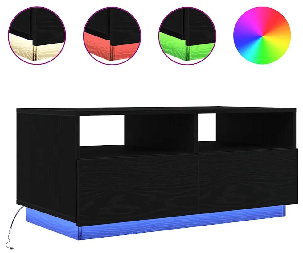 fekete tölgyszínű dohányzóasztal LED-lámpákkal 90x49x40 cm