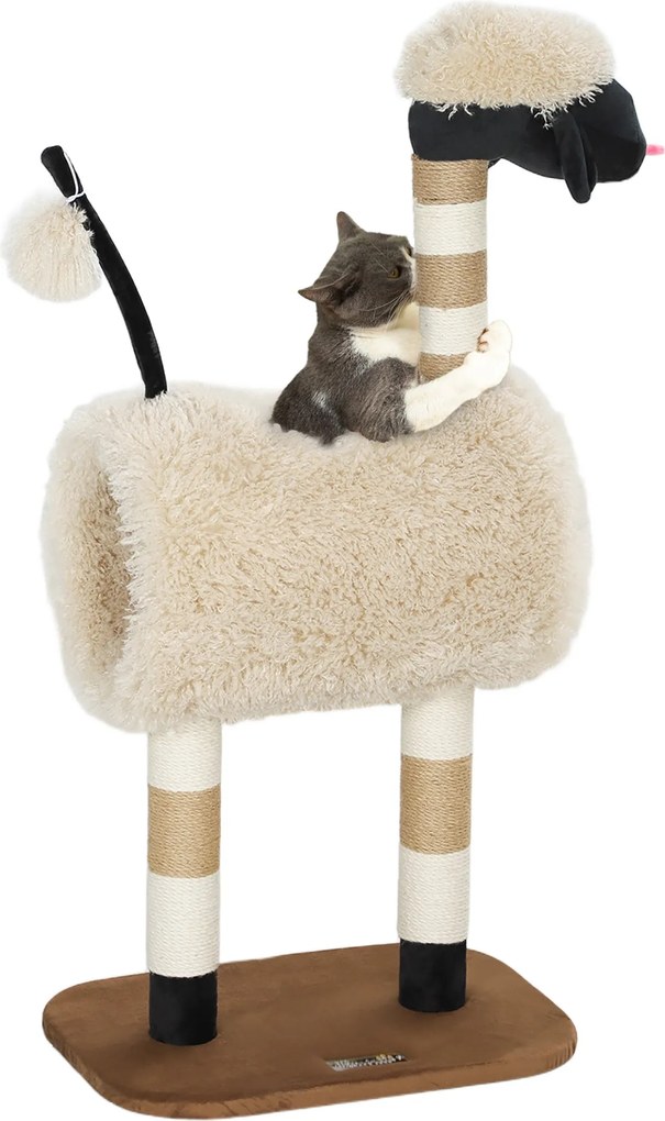 PawHut 98 cm-es Macska Fa Kaparóoszlop Alagúttal, Játék Golyyóval, Juh Mintázatú Macska Kaparófa, 5 kg-ig | Aosom