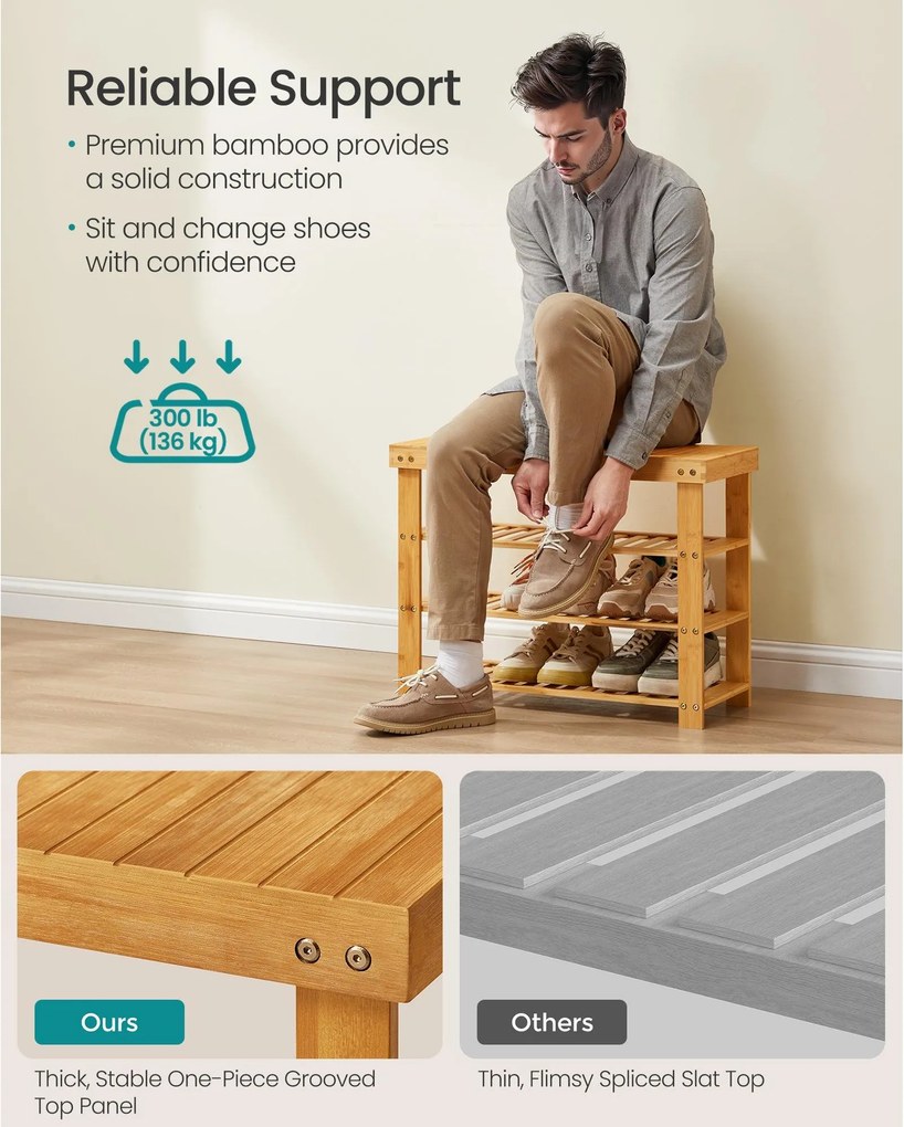 SONGMICS bambusz cipőpad 3 polccal, 70 x 28,7 x 52 cm, természetes színű