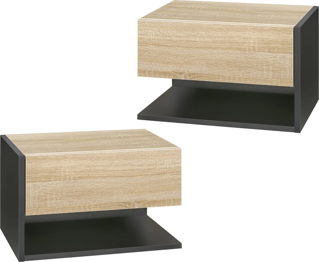HOMCOM 2 Darab F Floating Éjjeliszekrény 1 Fiókkal és Nyitott Polccal, 46x30x30 cm Tölgy és Fekete | Aosom