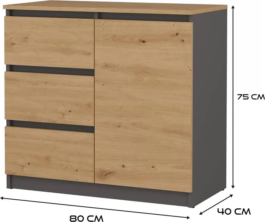 MIX Malaga 1D3S fiókos szekrény, antracit-tölgy